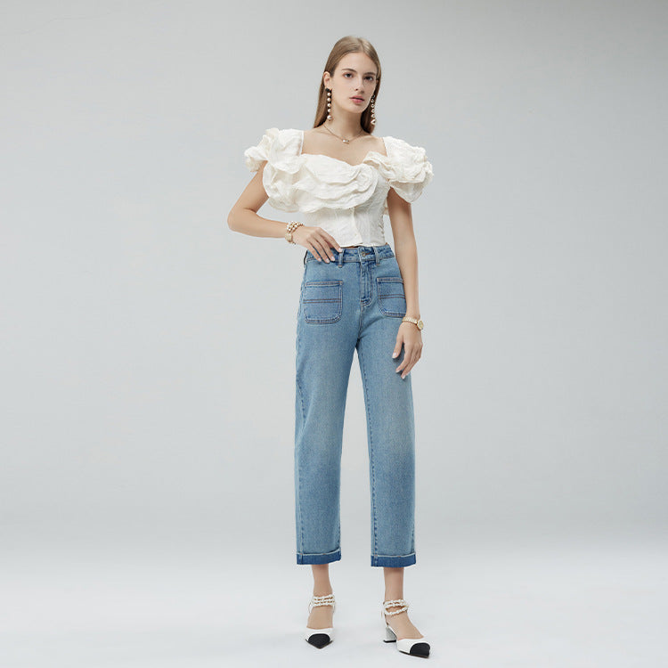 2025 Spring new Xinjiang long-staple cotton, anti-wrinkle roll-edge women's jeans, high waist and thin nine-point pants for women