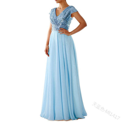 FLOWERSVERSE  spring and summer new Popular trade dress wish  V-neck chiffon splicing evening dress New women's clothing