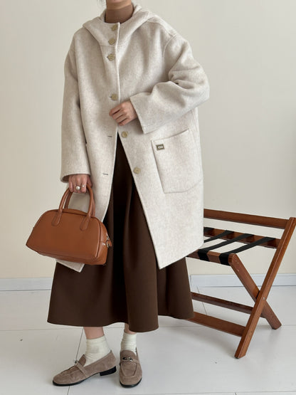 2025 Yak down mulberry silk wool hooded single-row multi-buckle shoulder sleeves extended double-sided woolen cashmere coat autumn and winter