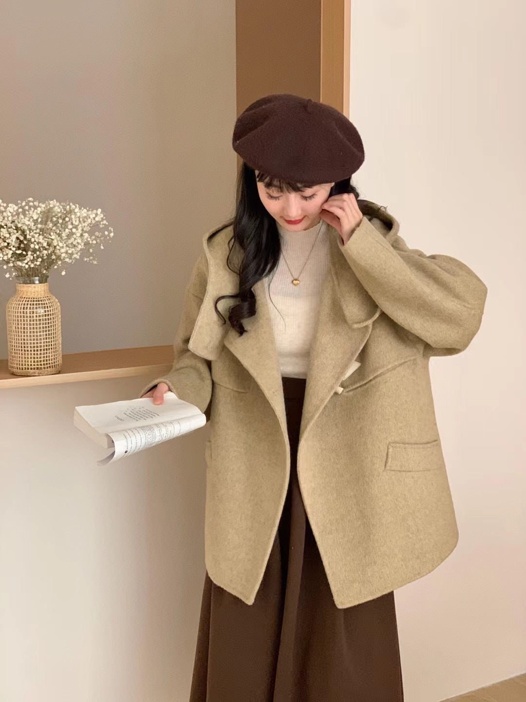 2025 Horn buckle solid color hooded single-breasted multi-buckle medium and long double-sided wool coat woolen jacket women's warm autumn and winter