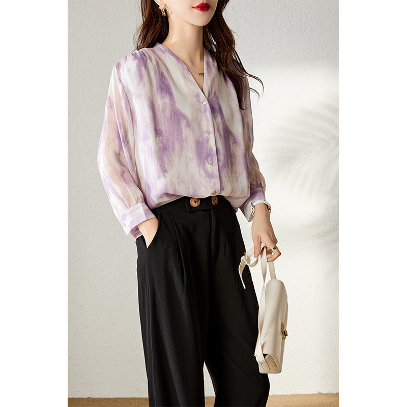 2025 Purple  silk shirt V-neck heavy double-layer mulberry silk shirt  summer women's printed top