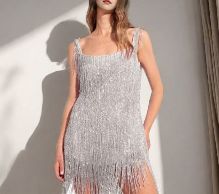 FLOWERSVERSE 2025 Hot Trade  Fashion Tassel Sequin Party Sexy U-Neck Suspender Feather Splicing Dress Dress