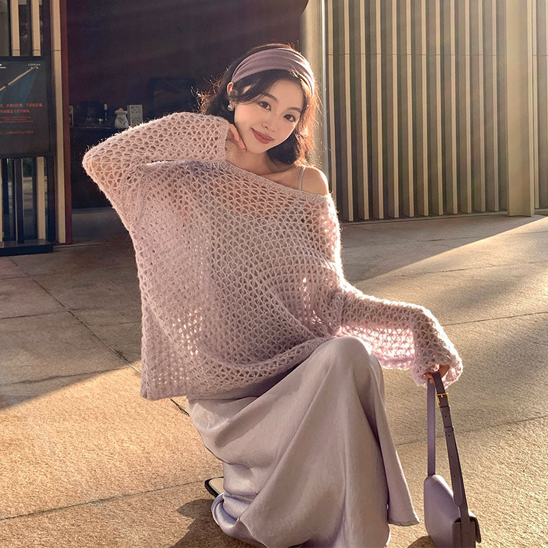 2025 spring loose long-sleeved hollow mohair knitted sweater top oversize sweater 25153