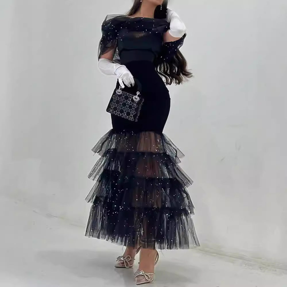 FLOWERSVERSE  New new hip wrap mid-waist waist black literary mesh sequined temperament commuter dress dress