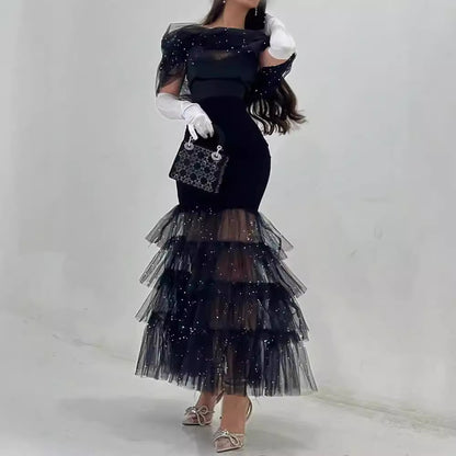 FLOWERSVERSE  New new hip wrap mid-waist waist black literary mesh sequined temperament commuter dress dress