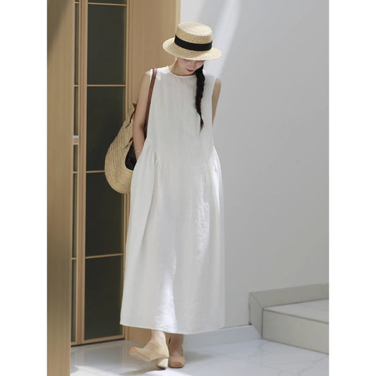 summer new simple solid color loose temperament vacation vest dress high sense medium and long dress