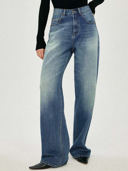 Siyuan, open J, the same V-shaped n high street jeans, casual high-waisted loose denim wide-leg pants, women's 8940