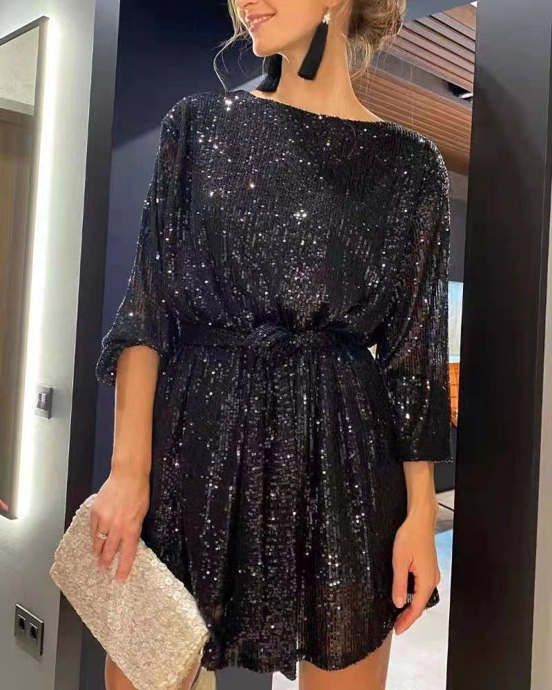 FLOWERSVERSE New 2025 independent station   holiday party sparkling bead dress small dress dress