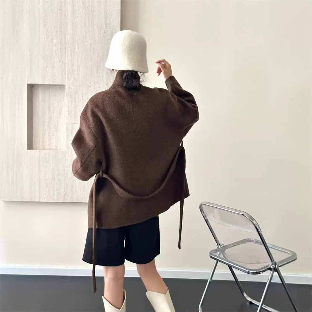 2025 Stand-up collar lace-up shoulder sleeves solid color wool double-sided cashmere coat woolen jacket versatile autumn and winter casual versatile