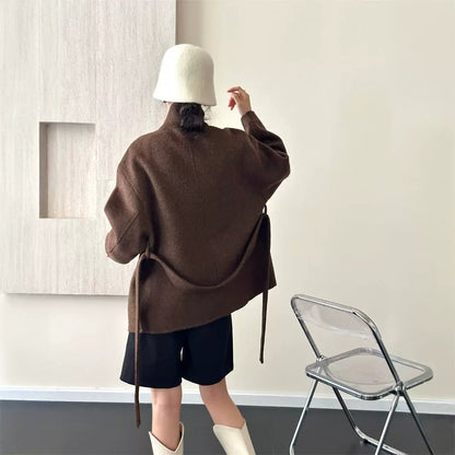 2025 Stand-up collar lace-up shoulder sleeves solid color wool double-sided cashmere coat woolen jacket versatile autumn and winter casual versatile