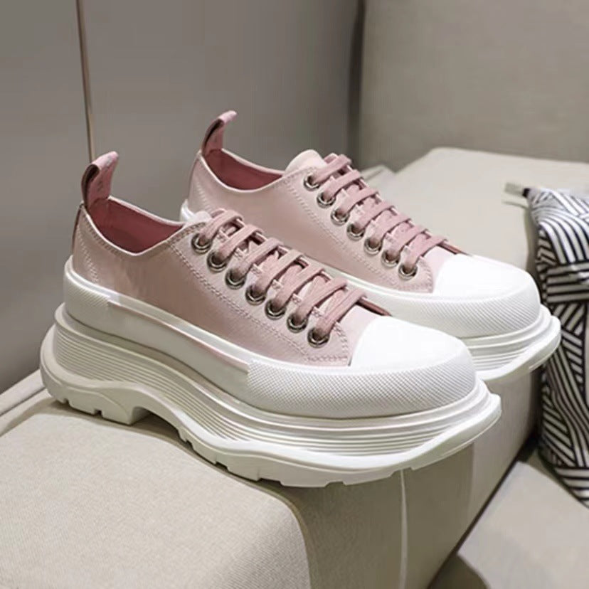 flowersverseMcQueen Platform Canvas Shoes  Summer New Breathable Clunky Sneakers Height Increasing Insole Top Couple Casual White Shoes for Women