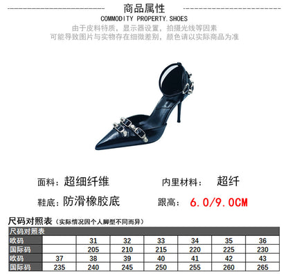 flowersverse  New European and American Lens Rivet High Heels Hollow Women's Shoes Punk Stiletto Heel Belt Buckle Strap Shoes