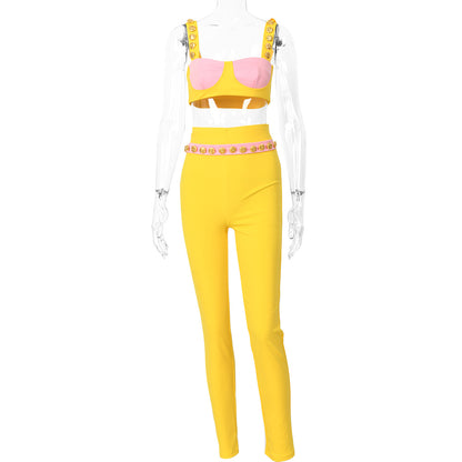 2025 New hot-selling  suit women's fashion two-piece set willow buckle suspender color matching tube top casual trousers