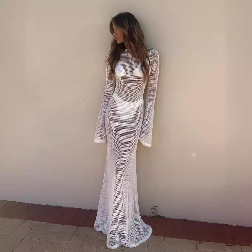 European and American Women's Clothing Summer  New Arrival Knitted Long Sleeve Backless Sexy See-through Mopping Maxi Dress