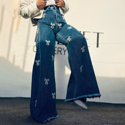 New bow hot diamond design sense slightly pull jeans high waist and thin street style casual trousers