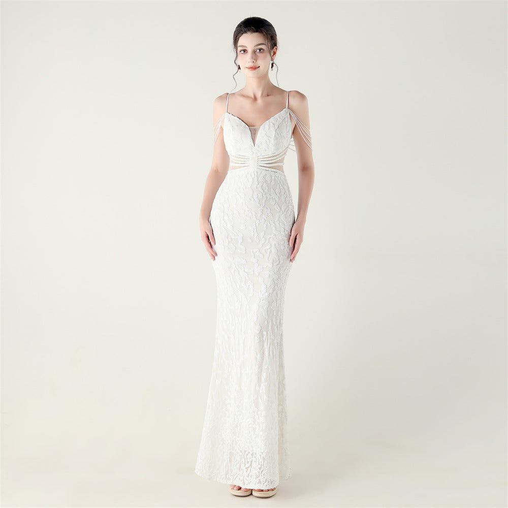 33396 # new heavy industry beaded mid-waist beaded fishtail evening dress, red carpet wedding banquet dress