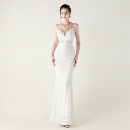 33396 # new heavy industry beaded mid-waist beaded fishtail evening dress, red carpet wedding banquet dress