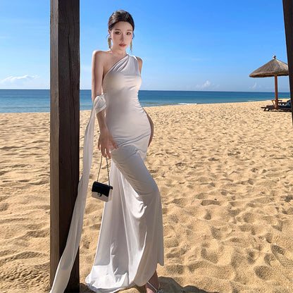 2025 Ancient Greek Muse neck streamer dress white pendant pleated pro wedding dress photo dress vacation beach dress