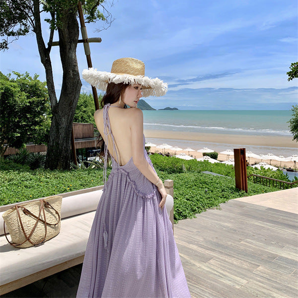 2025 Seaside vacation purple v-neck halter neck dress for women, super good-looking temperament long dress, good-looking skirt for photos