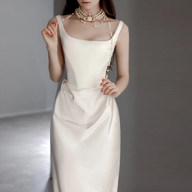 2025 satin light clothing wedding dress  spring new temperament simple go out small trailing suspender welcome dress
