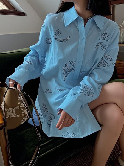 Siyuan I * C niche linen hand-embroidered hollow design long-sleeved shirt women's summer new loose top 7779