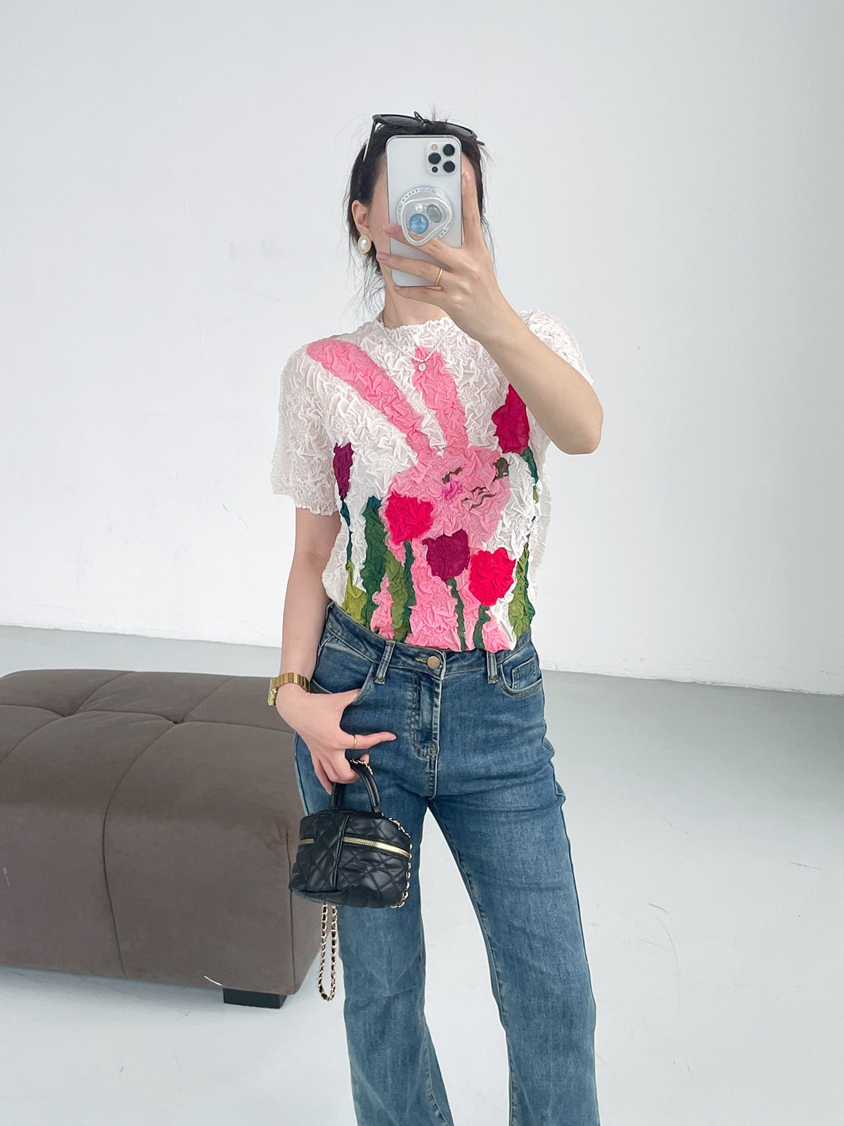 summer three-dimensional oil painting feeling flower high elastic scratch pleated anti-wrinkle short-sleeved crew neck T-shirt slim-fitting versatile top women
