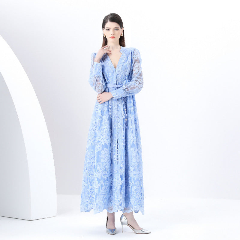 retro court dress heavy industry embroidery waist thin long lace dress women's New Popular trade dress