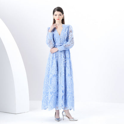 retro court dress heavy industry embroidery waist thin long lace dress women's New Popular trade dress