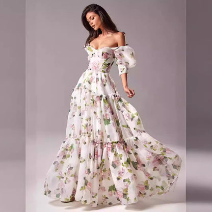 FLOWERSVERSE New new spring and summer off-the-shoulder 2025 women's clothing fashion organza fairy long temperament evening dress dress