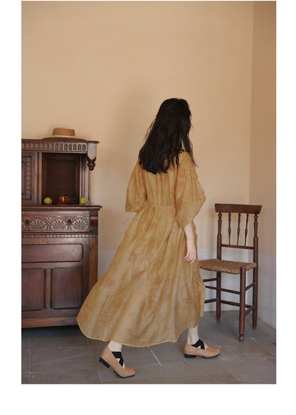 popular spring and summer women's clothing  lazy ramie digital printing dress women's yellow thin dress 230247