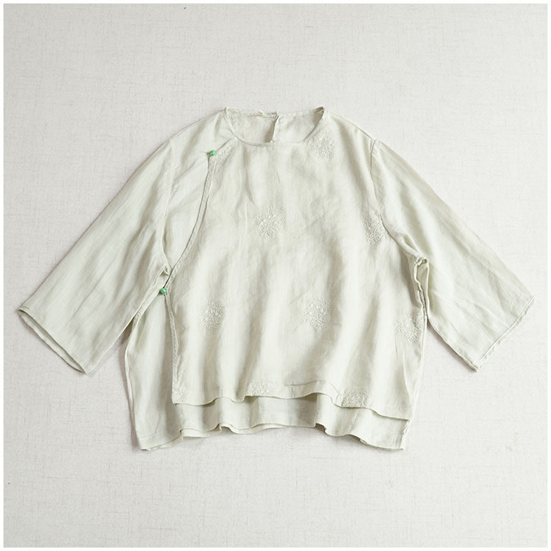 popular round neck design sense, a diagonal button embroidered nine-quarter sleeve top, ramie loose and cool new Chinese shirt