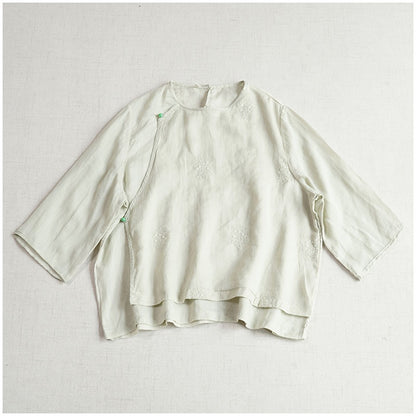 popular round neck design sense, a diagonal button embroidered nine-quarter sleeve top, ramie loose and cool new Chinese shirt
