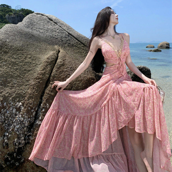 2025 Dopamine  Pink Floral Halter Suspender Dress Super Fairy Premium Sense Trailing Chiffon Beach Dress