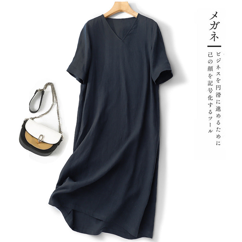 spring and summer new cotton and linen temperament V-neck loose and thin versatile commuter dress large size robe casual women