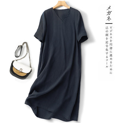 spring and summer new cotton and linen temperament V-neck loose and thin versatile commuter dress large size robe casual women