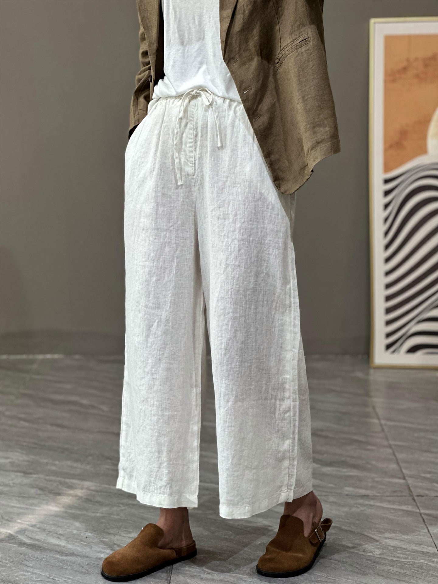 flowersverse Jianmeng Youyou Linen Wide-Leg Pants  Spring New Style Inner Edge Casual Pants for Women Elastic Waist Pants 8826