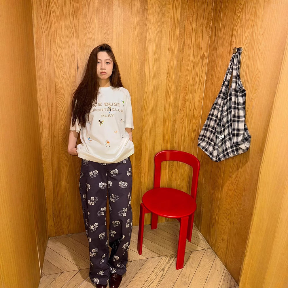 Siyuan high-end temperament cotton flower printing wide-leg pants women's 25 spring and summer comfortable loose casual straight trousers
