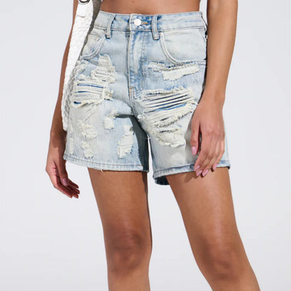 summer new trendy brand high street abrasion cut pockets contrasting jeans high waist Spice girl versatile shorts women