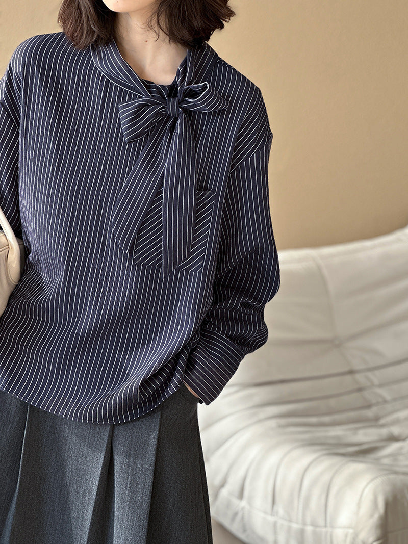 2025  spring new Korean version design sense niche lace-up stripes simple loose versatile long-sleeved shirt women 1918