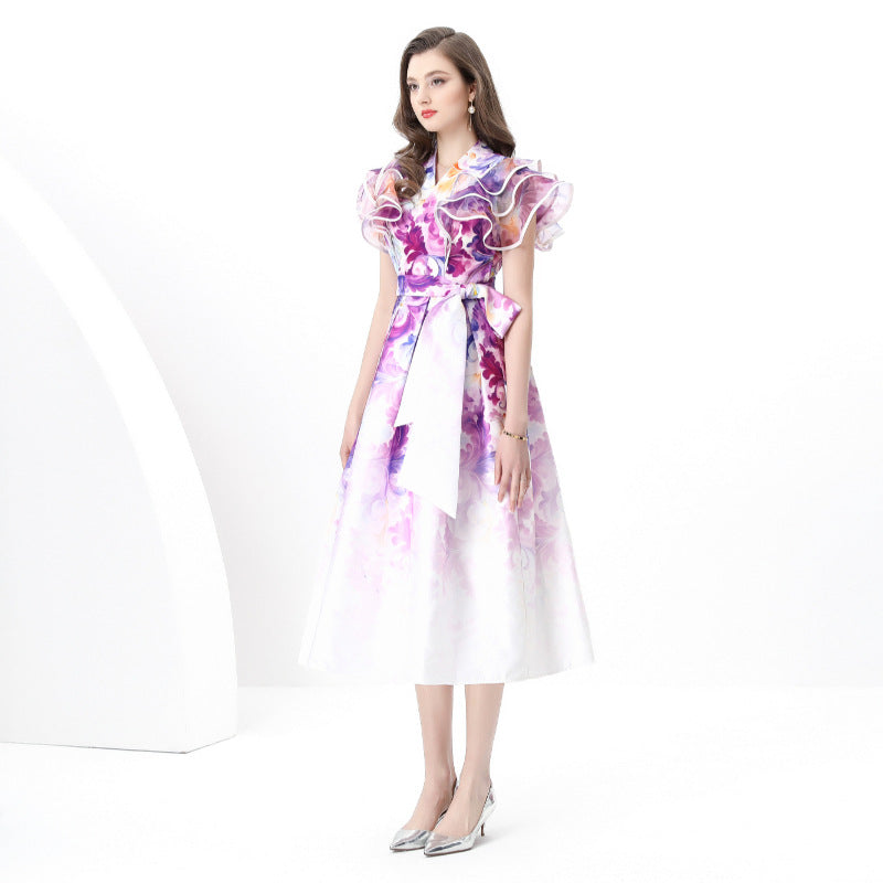 Popular trade  women's vacation wrap-up lace-up style V-neck flying sleeves long retro printed dress