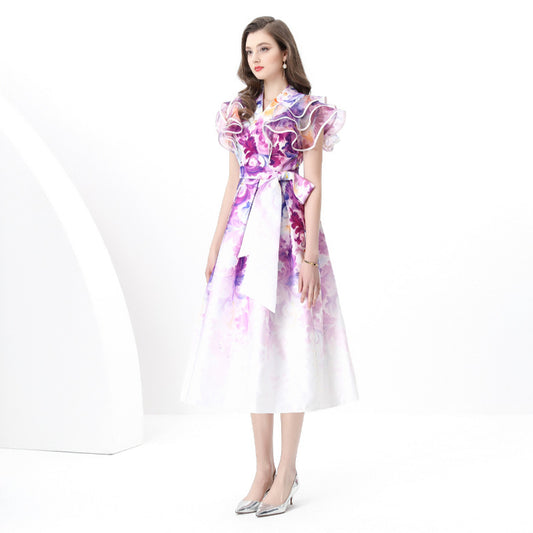 Popular trade  women's vacation wrap-up lace-up style V-neck flying sleeves long retro printed dress