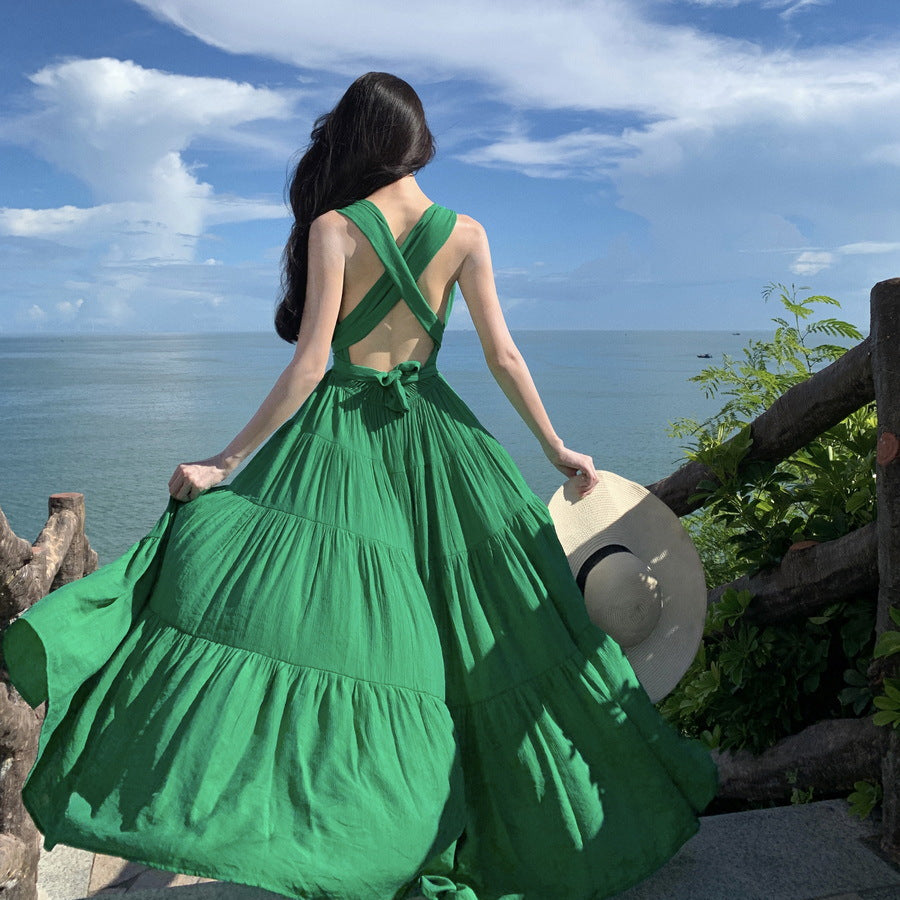 2025 high-end strap neck swing skirt female sexy backless romantic vacation white green split-ended long dress