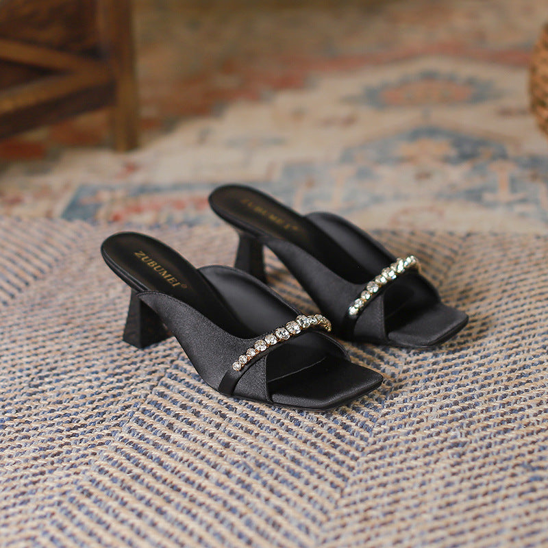 2025 333-3  retro women's shoes square head open-toed high heels rhinestone metal hollow outer wear one-word sandals