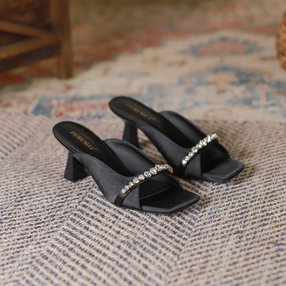 2025 333-3  retro women's shoes square head open-toed high heels rhinestone metal hollow outer wear one-word sandals