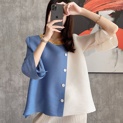 Miyake splicing large size  spring clothing new women's clothing loose color matching short T-shirt square neck pleated top women