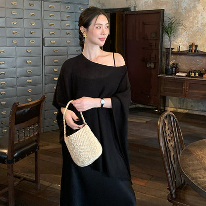 2025 spring loose meat cover long sleeve diagonal neck knitted sweater women's top oversize sunscreen blouse 25227