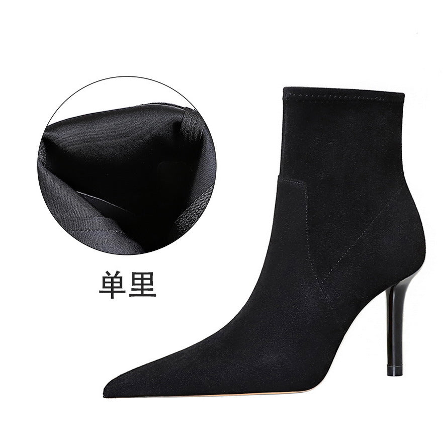 FLOWERSVERSE 2025 1619-1  style fashionable and sexy nightclub showing thin suede side zipper pointed winter short women's boots short boots