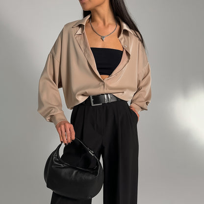 Spring new acetic acid satin long-sleeved shirt high-end temperament commuter versatile women  design sense niche