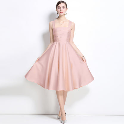 dress retro square neck satin suspender slim graduation birthday engagement light dress dress women