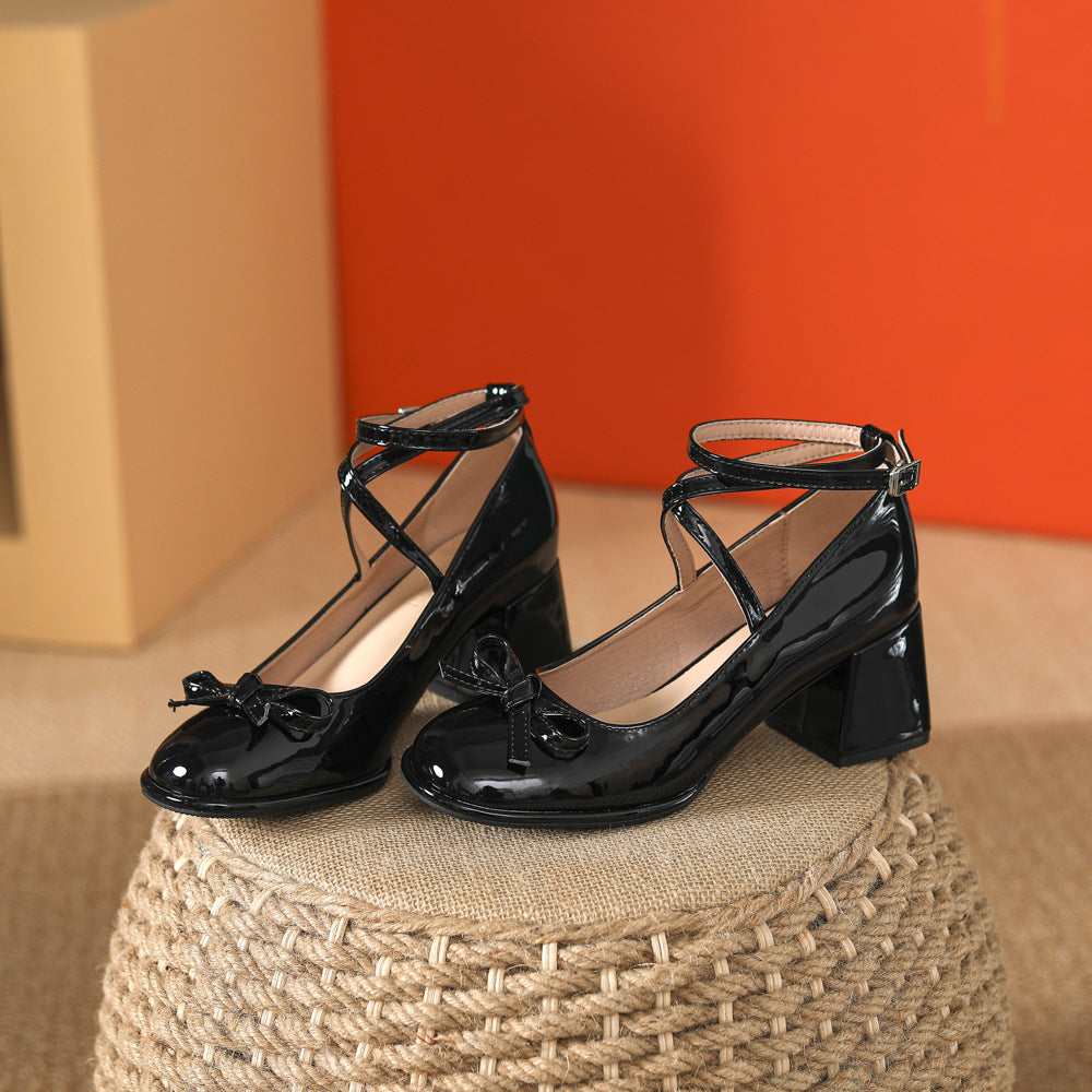 flowersverse  New Mary Jane Lady Style Cross Strap with Bow Low-Cut Chunky Heel Mid Heel Not Tired Feet Pumps Women